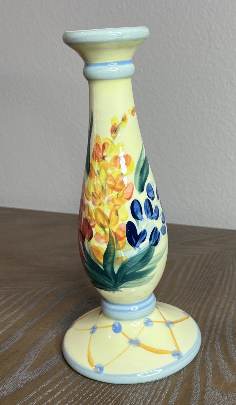 Vintage 1999 Gail Pittman 9” Hand Painted Ceramic Candlestick Holder