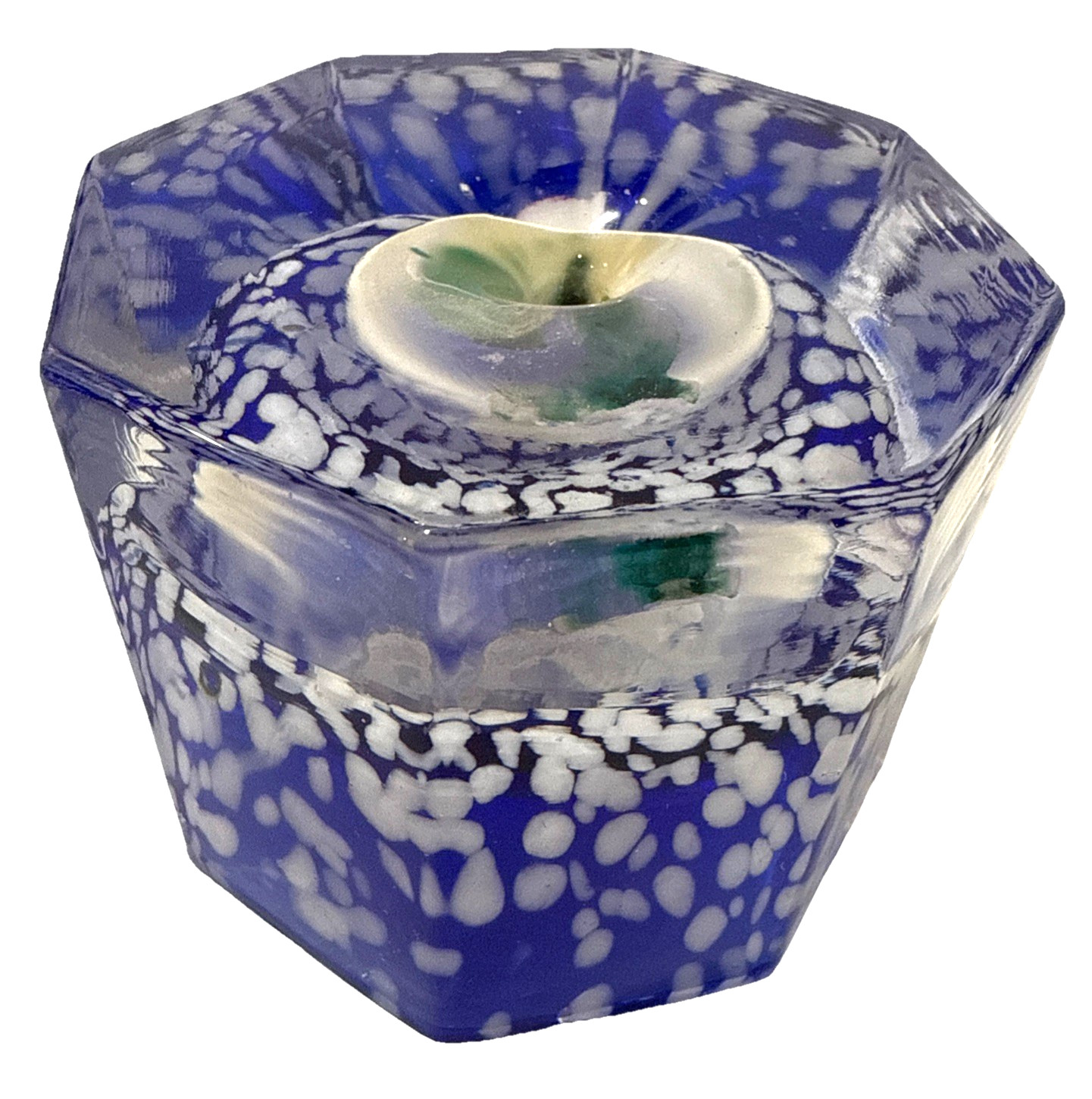 Vintage Blue White Spotted INKWELL Art Heavy Glass Paperweight Octagon