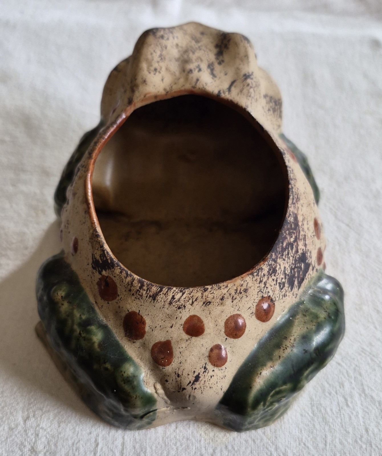 Vintage Frog Planter Tan Matte Ceramic Green Glazed Legs 6.5″ x 5″ x 3.25″