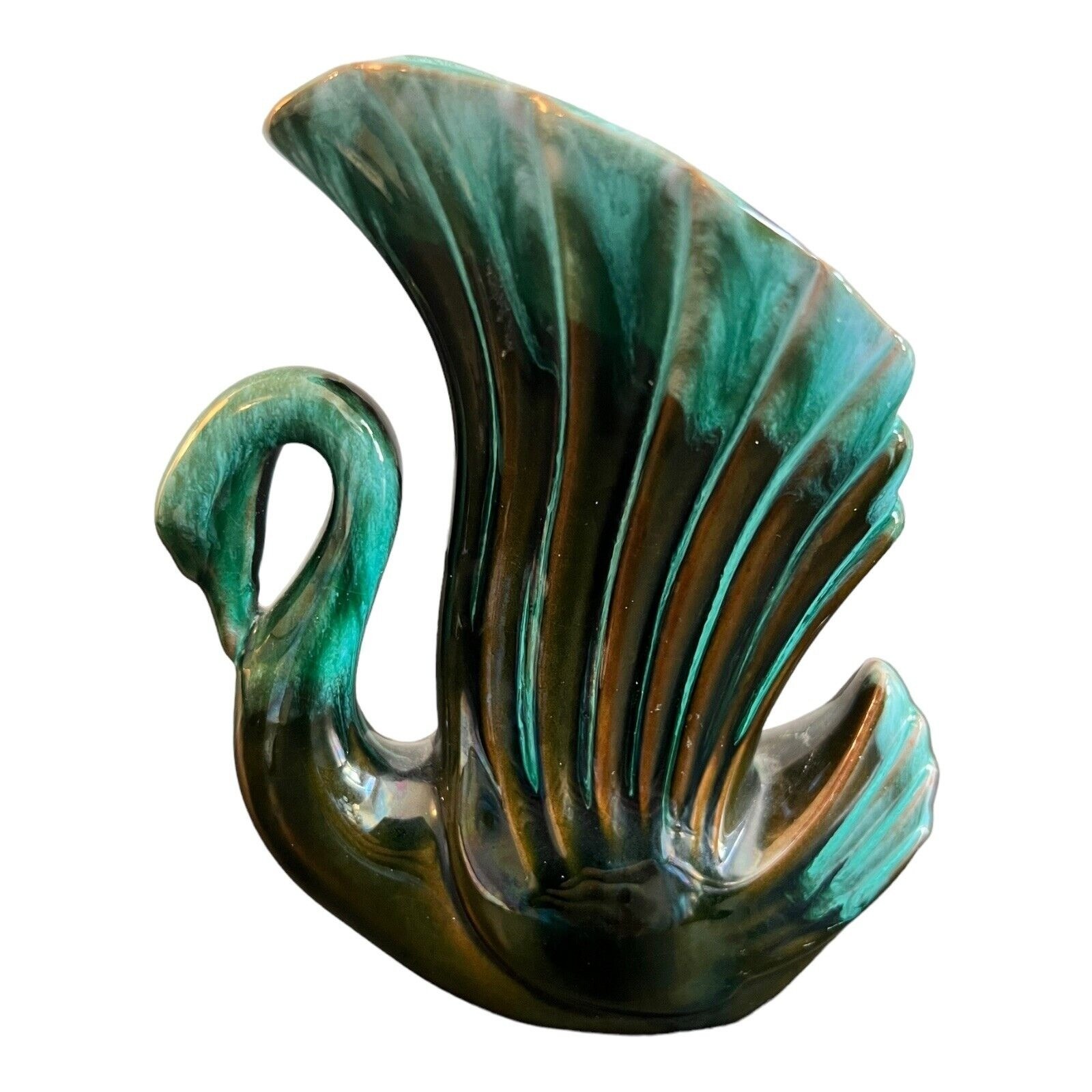 Blue Mountain Pottery Swan Vase Green Brown Drip Glaze 6″ Tall Canadian Vintage