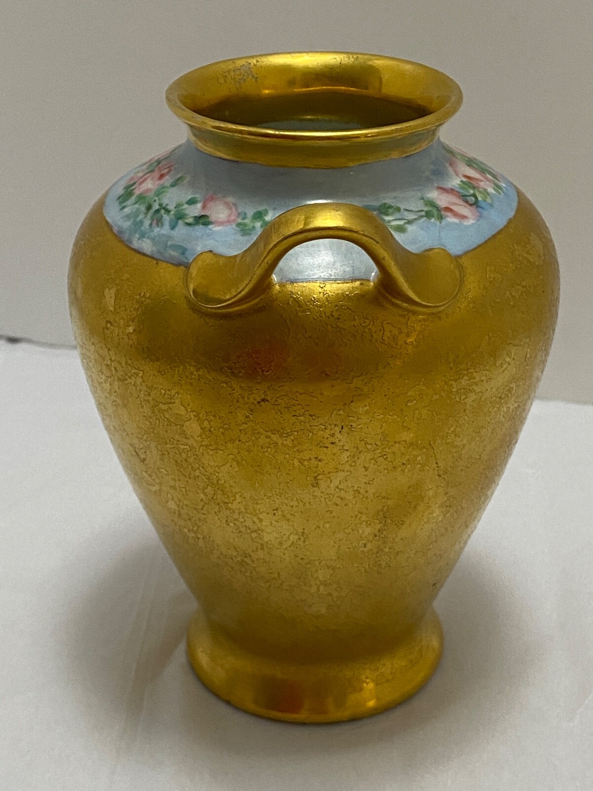 RS Germany VASE Gold Hand Painted Signed Handled Pink Roses Antique 6″ Holman