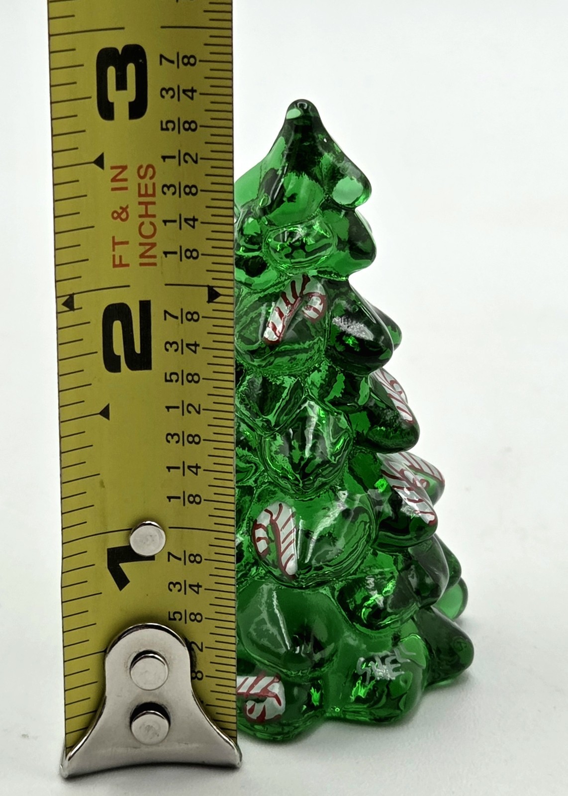 Mosser Glass Emerald Green Tree 2″ Hand Blown & Painted Candy Canes Red/White