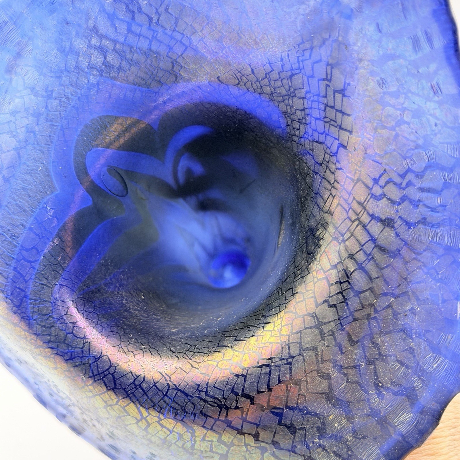 Studio Art Glass Calla Lily Vase Blue Iridescent Orange Swirl 11” Gorgeous!