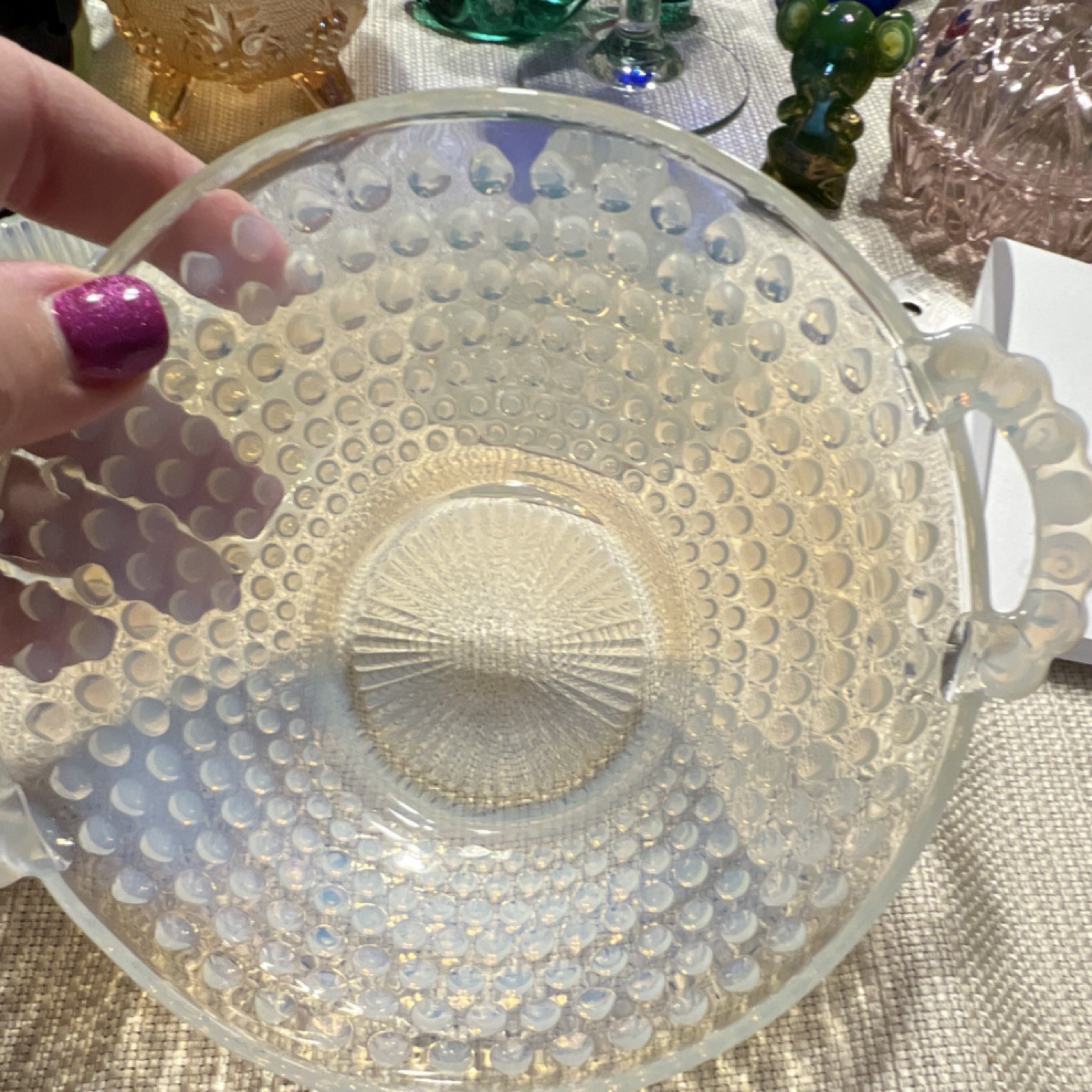Vintage Anchor Hocking Opalescent Glass Hobnail Pattern Candle Holders & Bowl