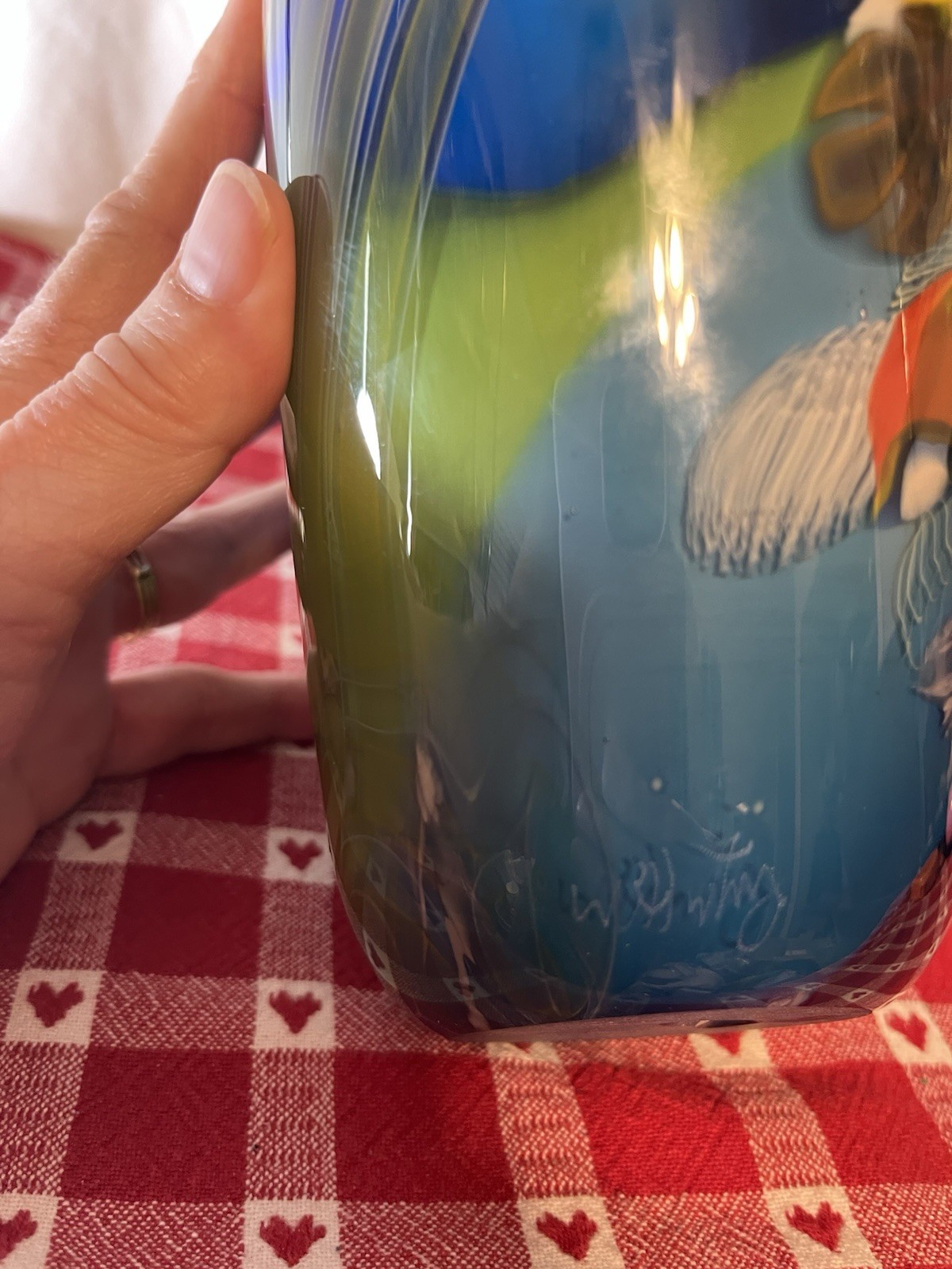 Wes Hunting Art Glass Colorfield Vessel Beautiful Greens Blues Signed 9”