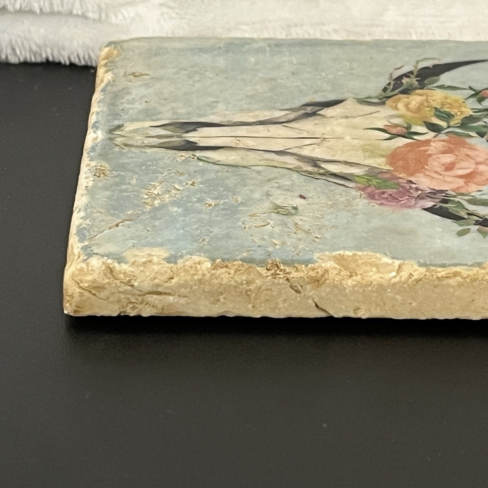 Southwestern Themed Ceramic Tile Coaster Animal Skull Floral Distressed Design