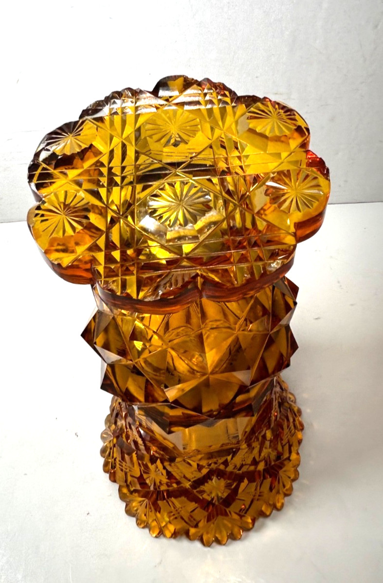 Vintage EAPG Honey Gold Amber Pressed Glass Vase 9.5” Multi Patterns & Sections