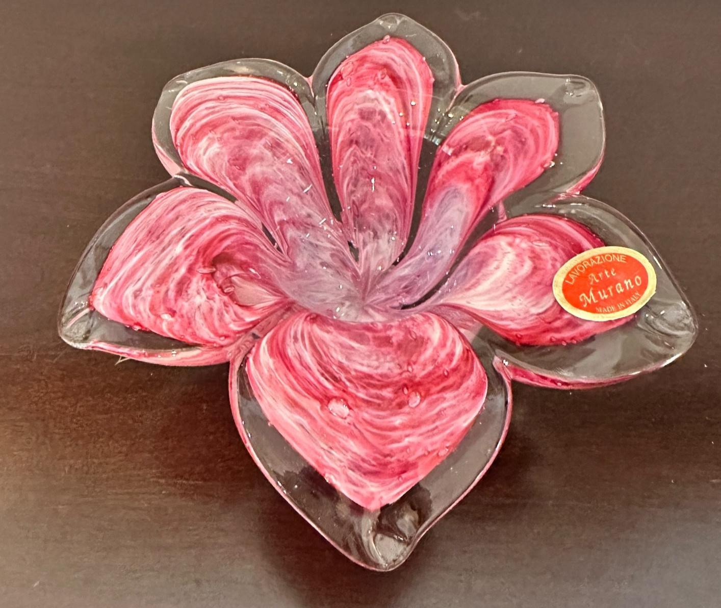 Murano Pink & Clear Flower Petals Murano Glass Crystal Clear Candle Holder Italy