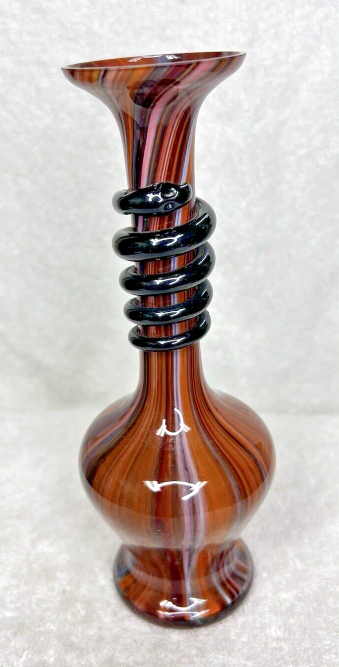 Art Glass Bud Vase Autumnal Colors With Black Snake Wrapped Neck Mouth Blown