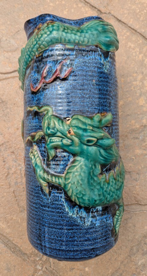 MCM Cobalt Chinese Chinoiserie Wrap Around Dragon Motif Glazed Ceramic 16″ Vase