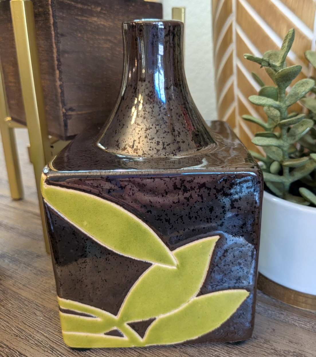 Handcrafted Vietnam Art Pottery Vase Brown Green Botanical MCM Decor 6″ Ceramic