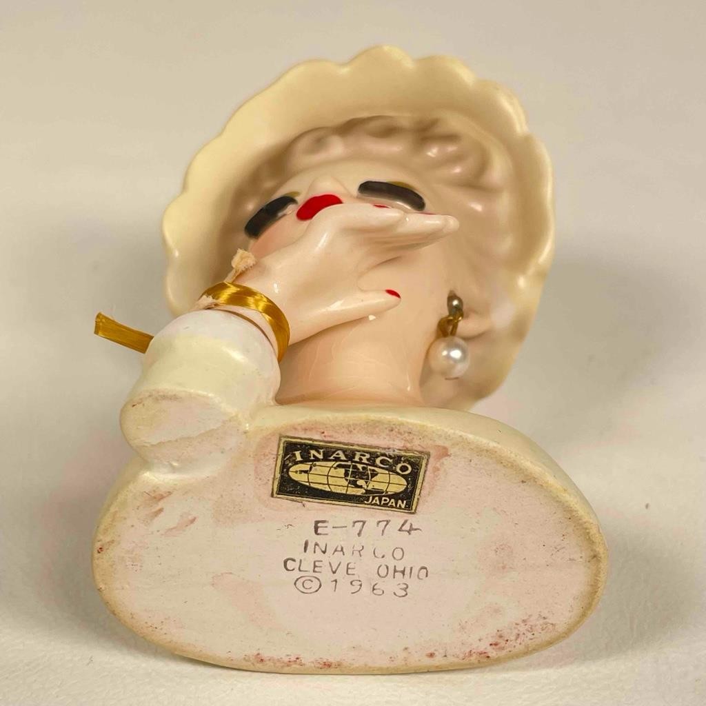 Vintage 1963 E-774 Ceramic Inarco MIJ Lady Head Thank You Vase With Earrings – J