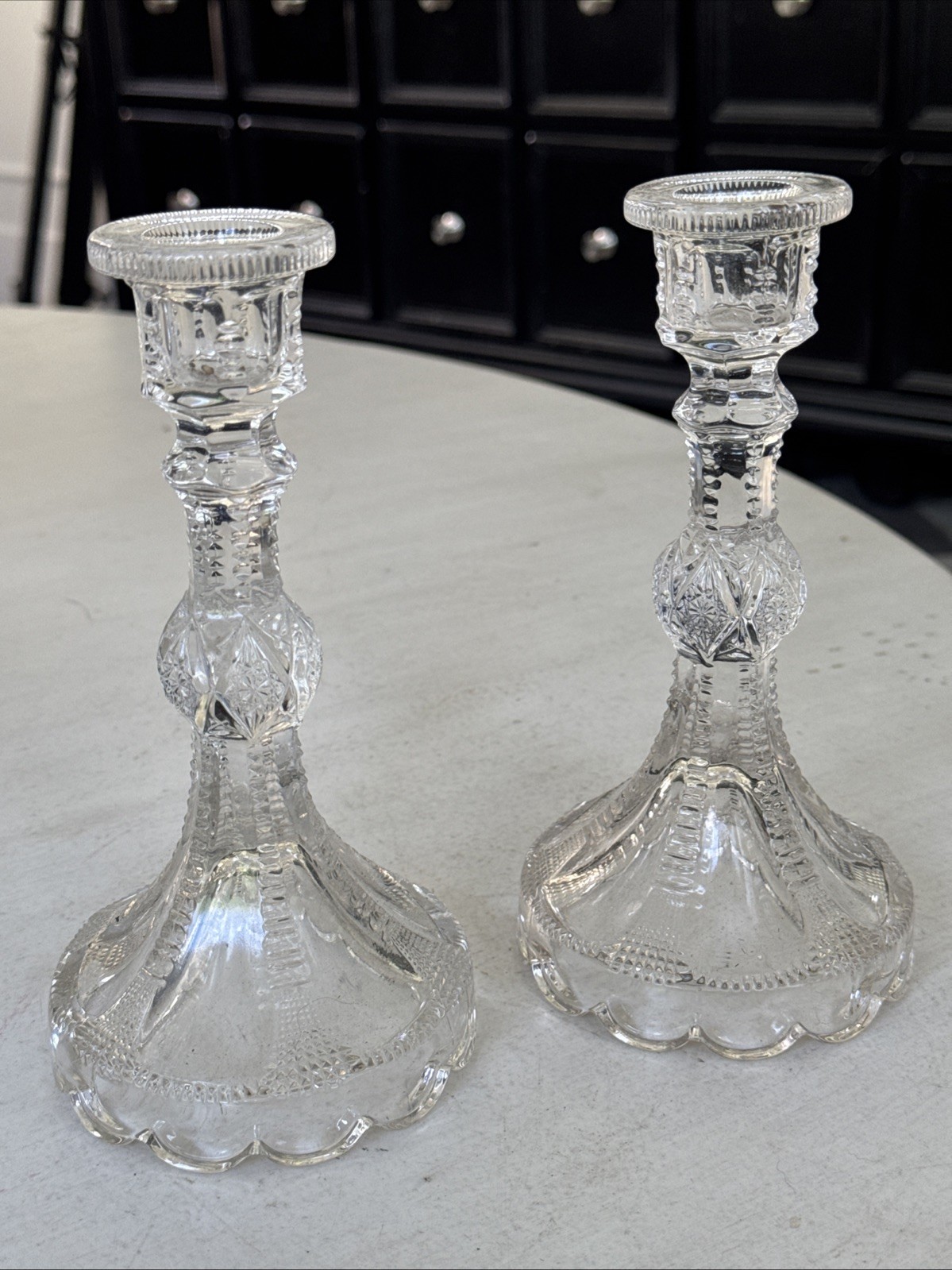 (2) Vtg American Brilliant Cut Glass Candlestick Zipper Cut With Hollow Stem 7”