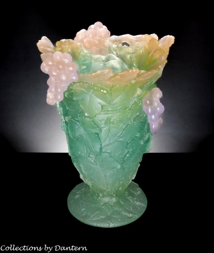 Daum Pate de Verre Crystal Grapevine and Grapes Footed Vase