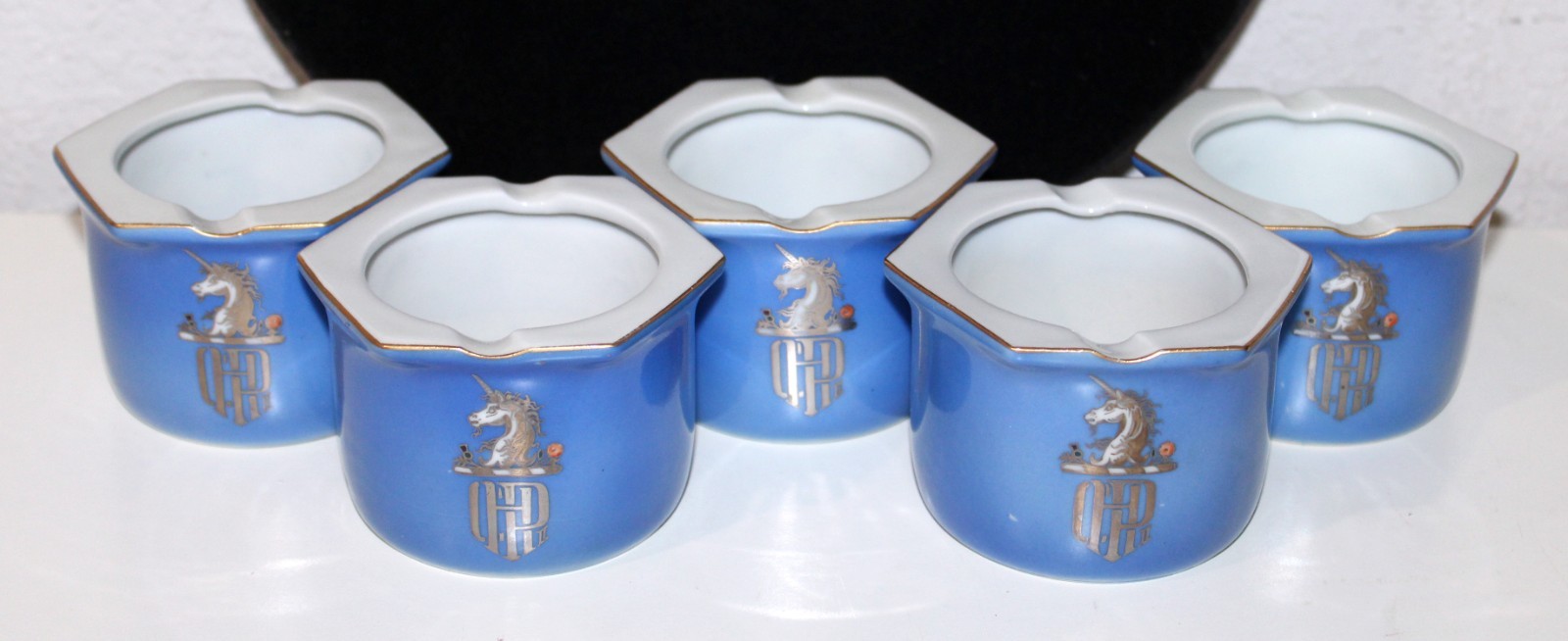 Fukagawa Ashtrays Goat Unicorn Gilt Silver Porcelain SET 5 Japan Antique