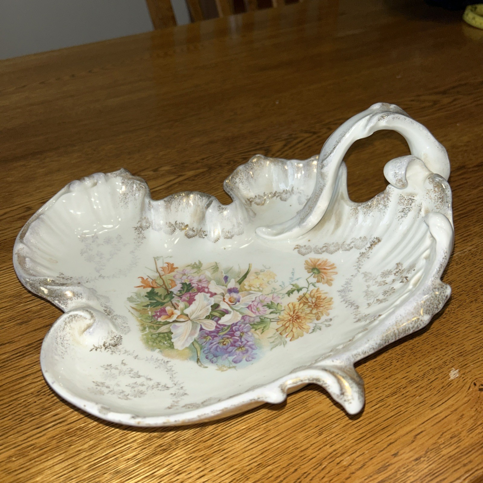Antique Carl Tielsh CT Germany scalloped porcelain bowl 11×9” Floral Gold Handle