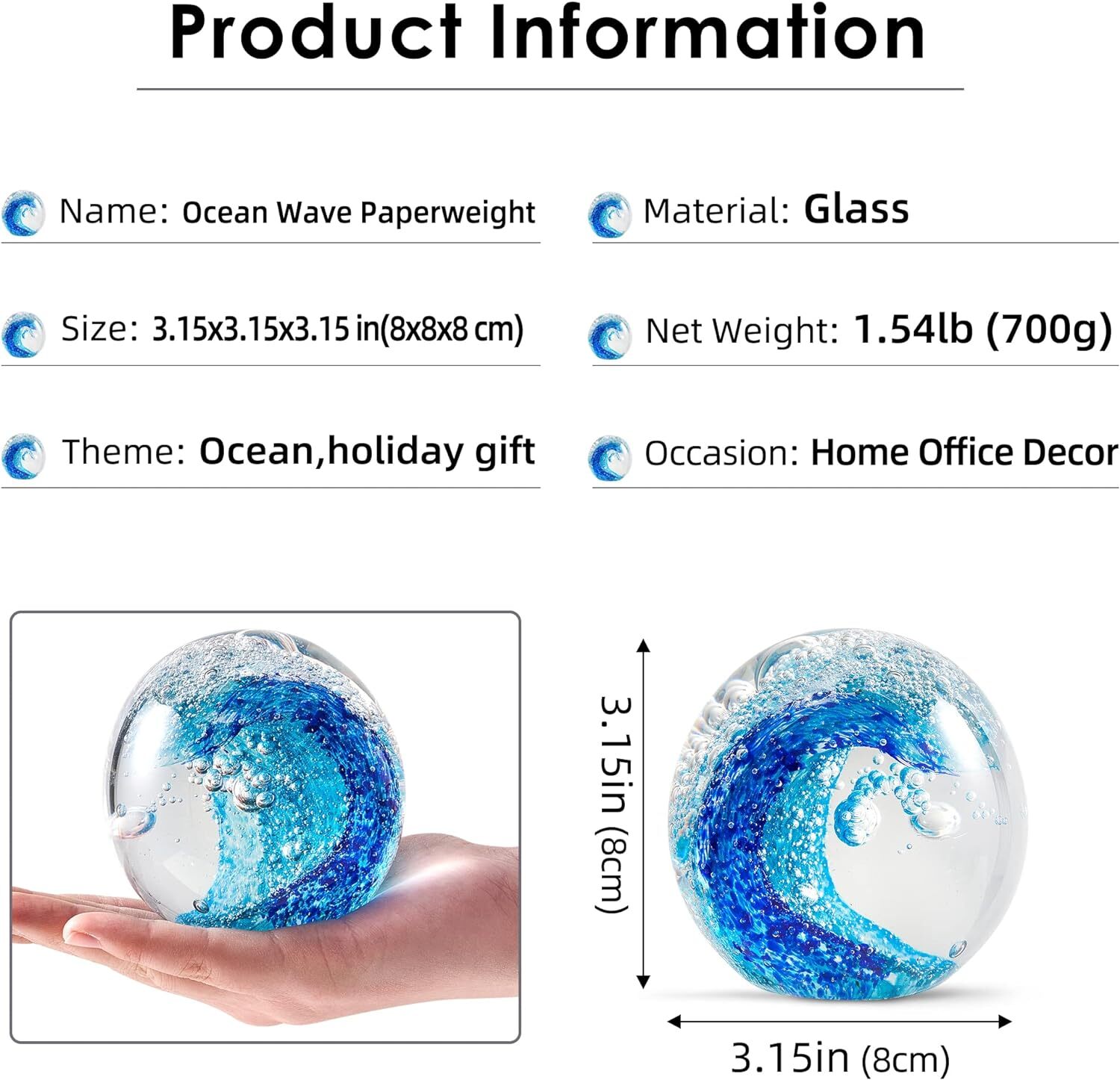 Hand Blown Glass Figurines Ball Ocean Waves,Paperweight Glass Ball,Home Decor Co