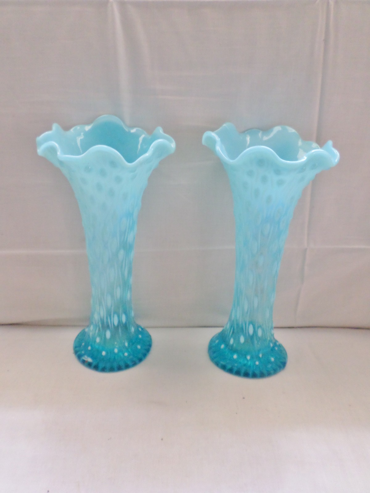 Antique Pair of Northwood Swung Opalescent Blue Glass Tree Trunk Vases 9.75″ T