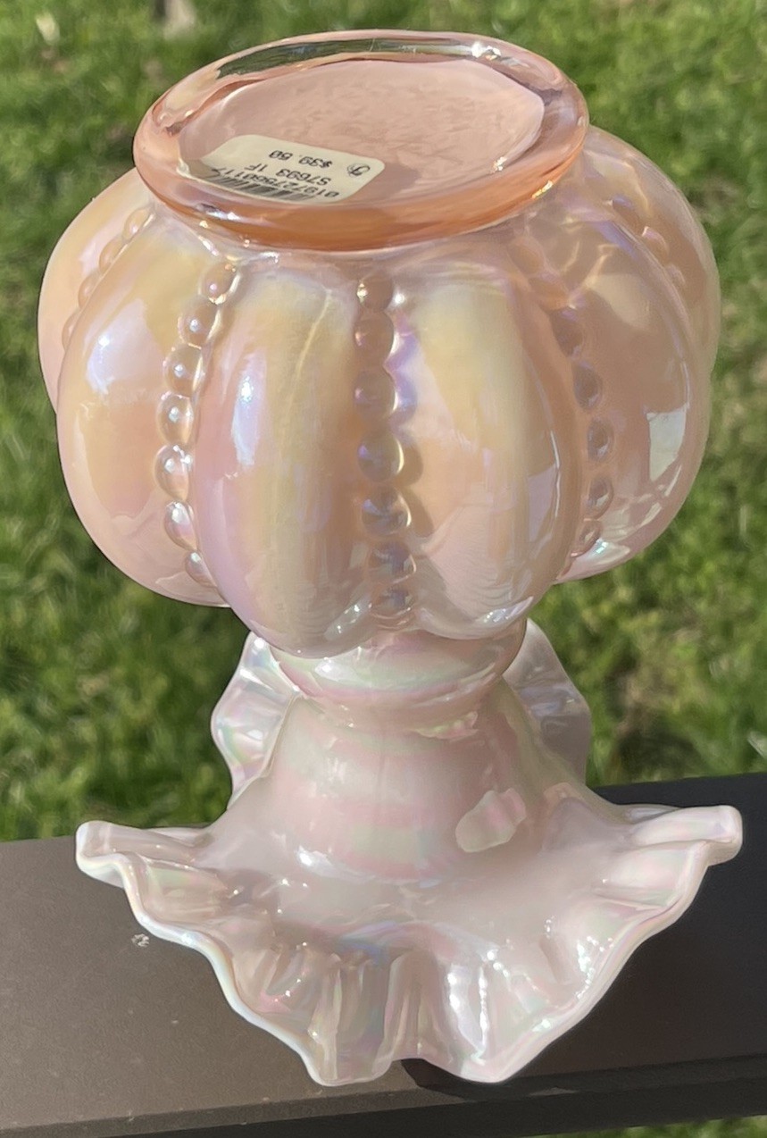 FENTON MELON VASE IRIDESCENT PINK BEADED RUFFLE EDGE SIGNED DAN FENTON