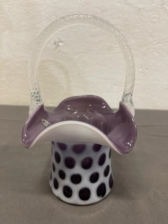 Fenton Coin Dot Glass Vase Purple White Clear Handle