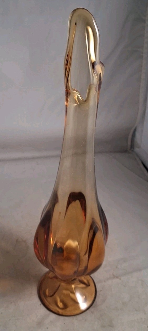 VTG Viking Swung Vase Amber Footed Petal Ribbed Art Glass MCM 14″