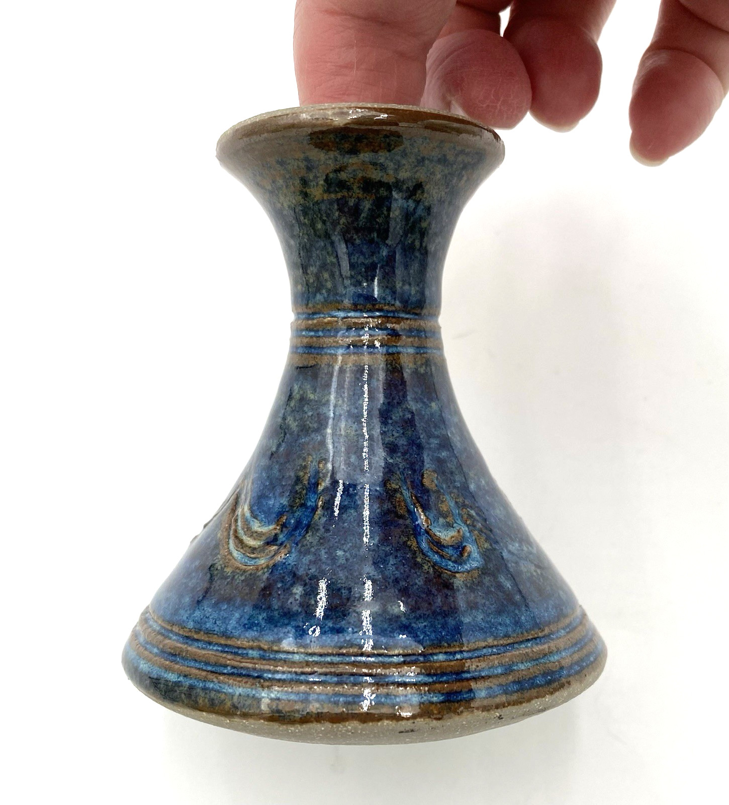 Studio Pottery Bud Vase, Blue Glaze, Brown Sgraffito Swag Design, 3.3″
