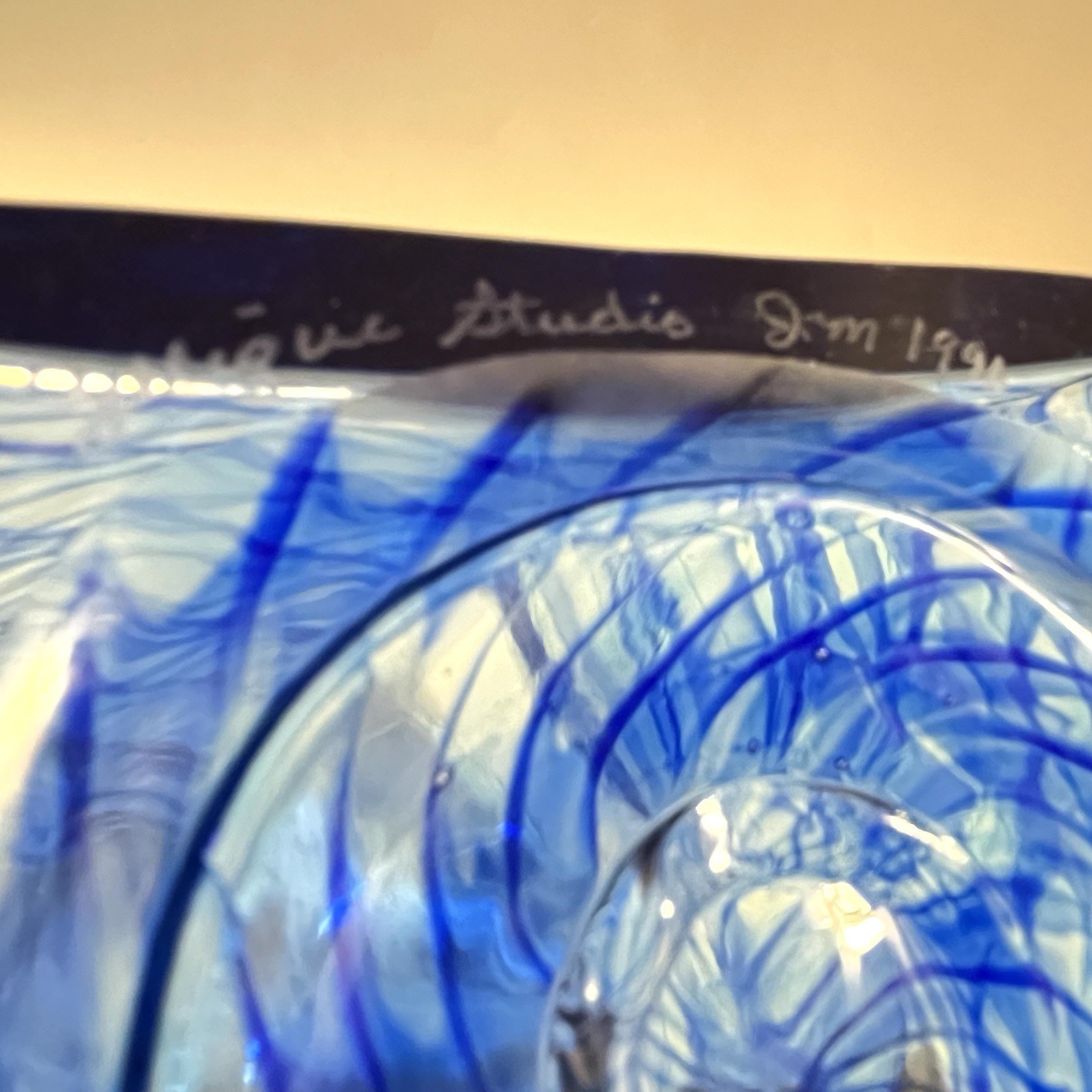 Zellique Joseph Morel JM Blue Waves Hand Blown Art Glass Vase 8″ Signed 1996