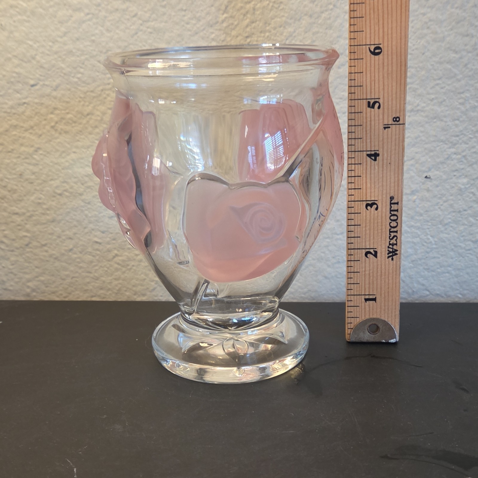 Unmarked Clear & Pink Glass Decorative Vase, Rose Floral Pattern 6in Tall