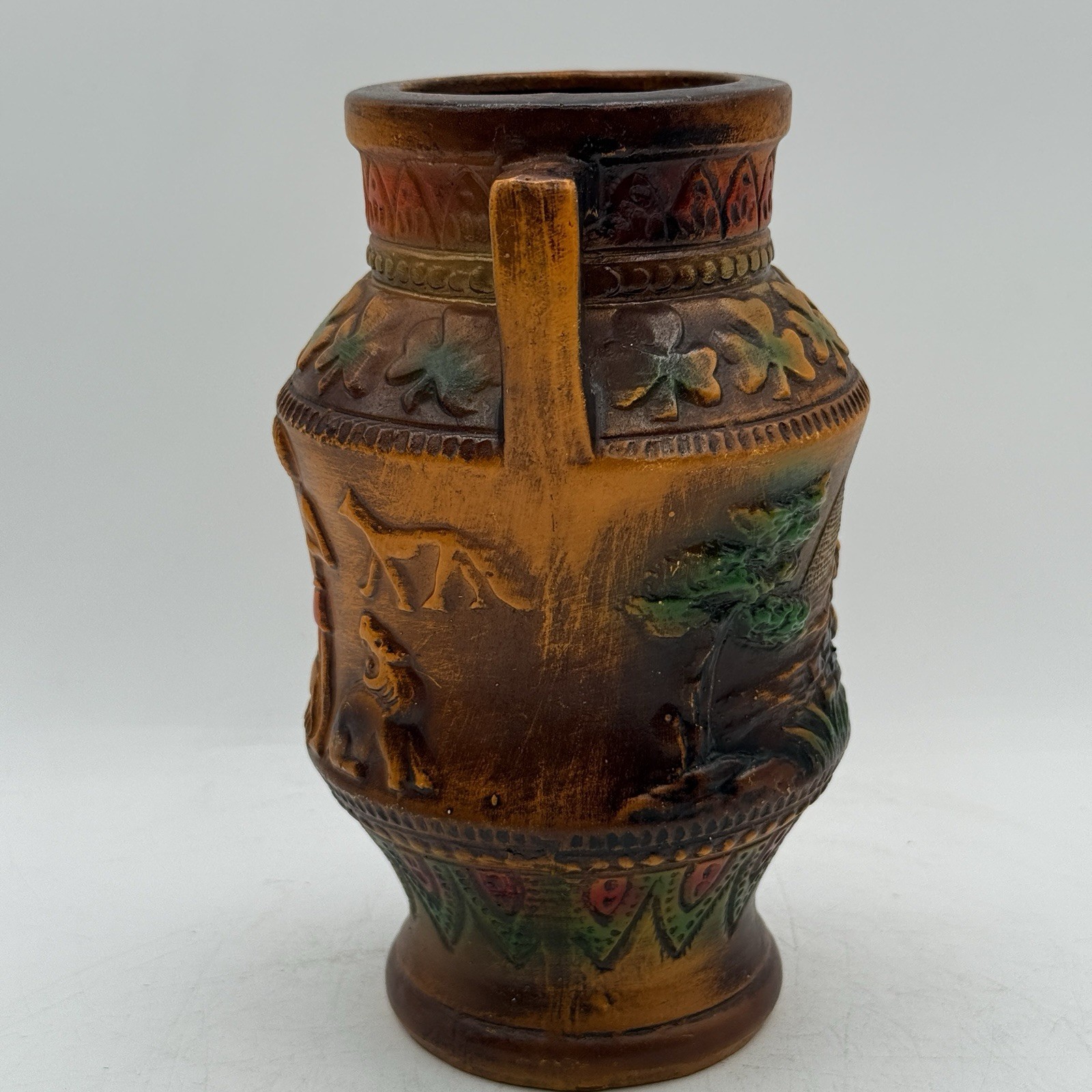 Vintage 1960s Norleans Redware Ceramic Egyptian Pyramids Motif 7” Vase Japan
