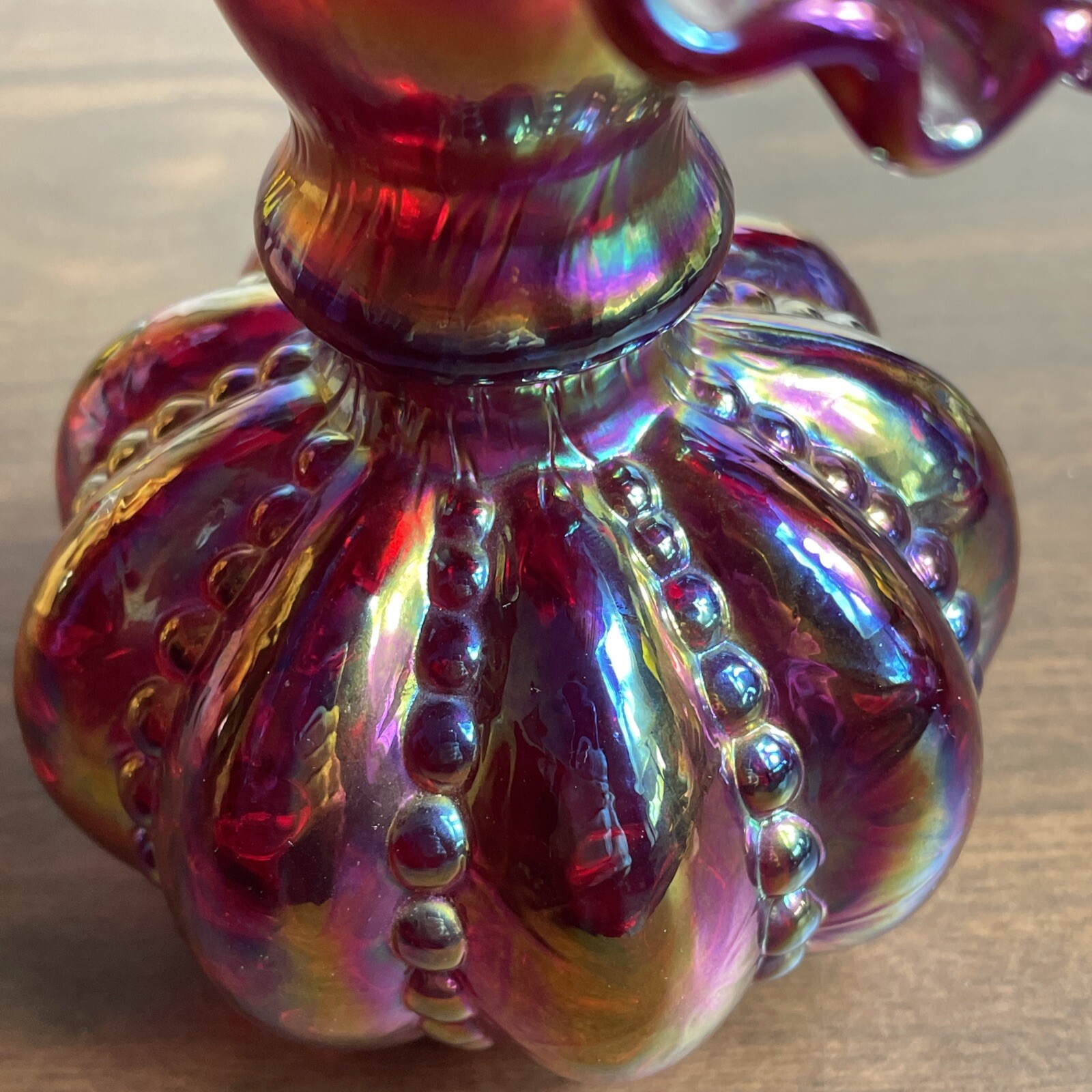 Vintage Fenton Red Carnival Glass Beaded Melon Vase 6″