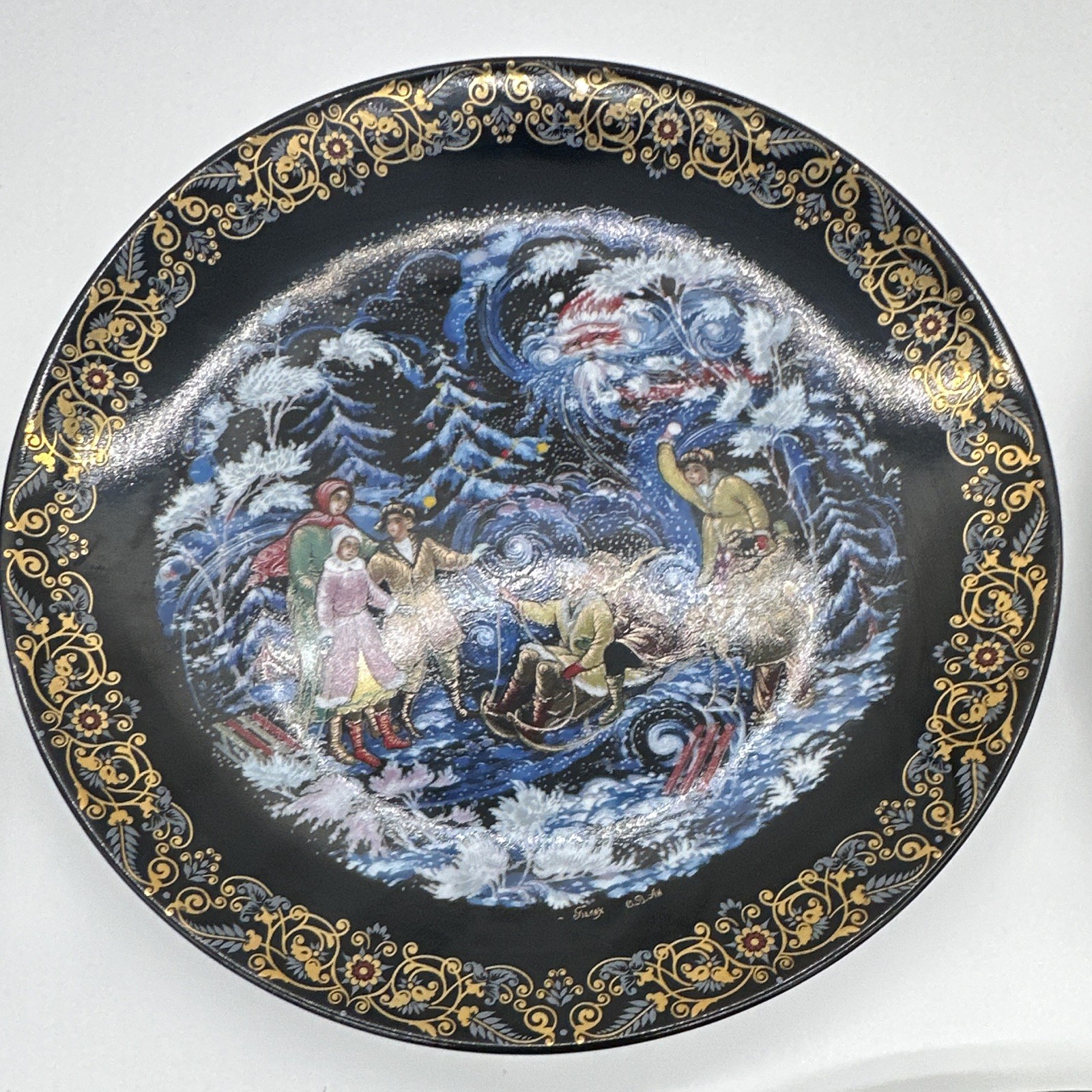 Palekh Numbered Set of 5 Russian Fairy Tale Collector Plates Black/Gold Trim