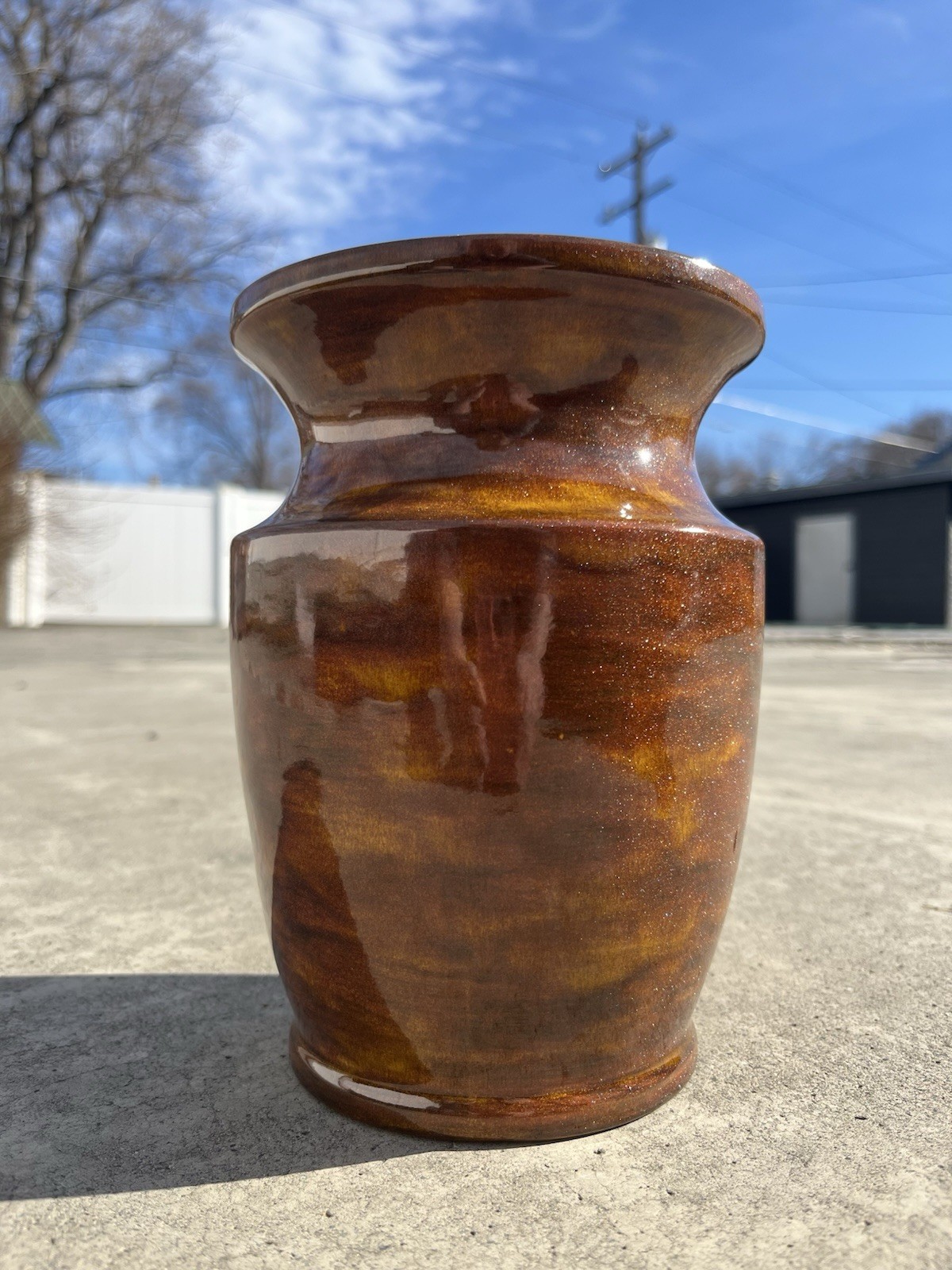 VTG 73’ Ceramic Art Glass Vase Handmade Glittery Warm Autumnal Tones 7.5”
