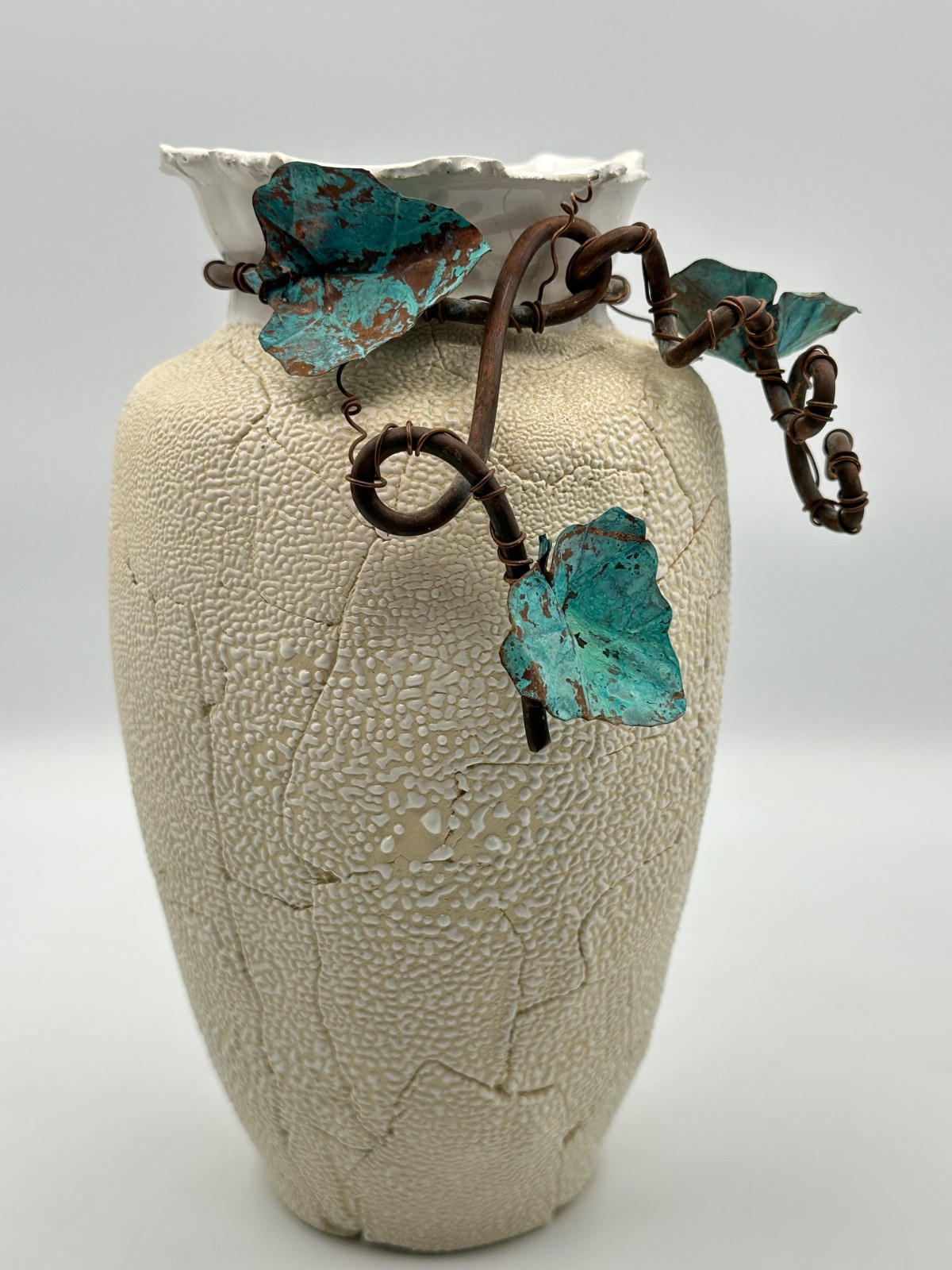 Handmade Studio Art Pottery Vase Copper Vine Patina Leaves Textured Ceramic
