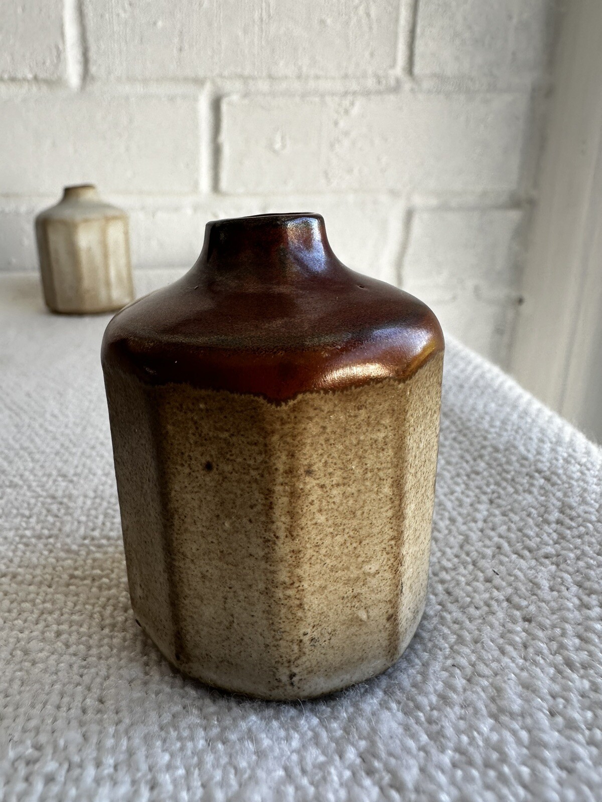 3 Japan vintage Faceted Stoneware Mini Bud Vases brown cream 2.25″ MCM