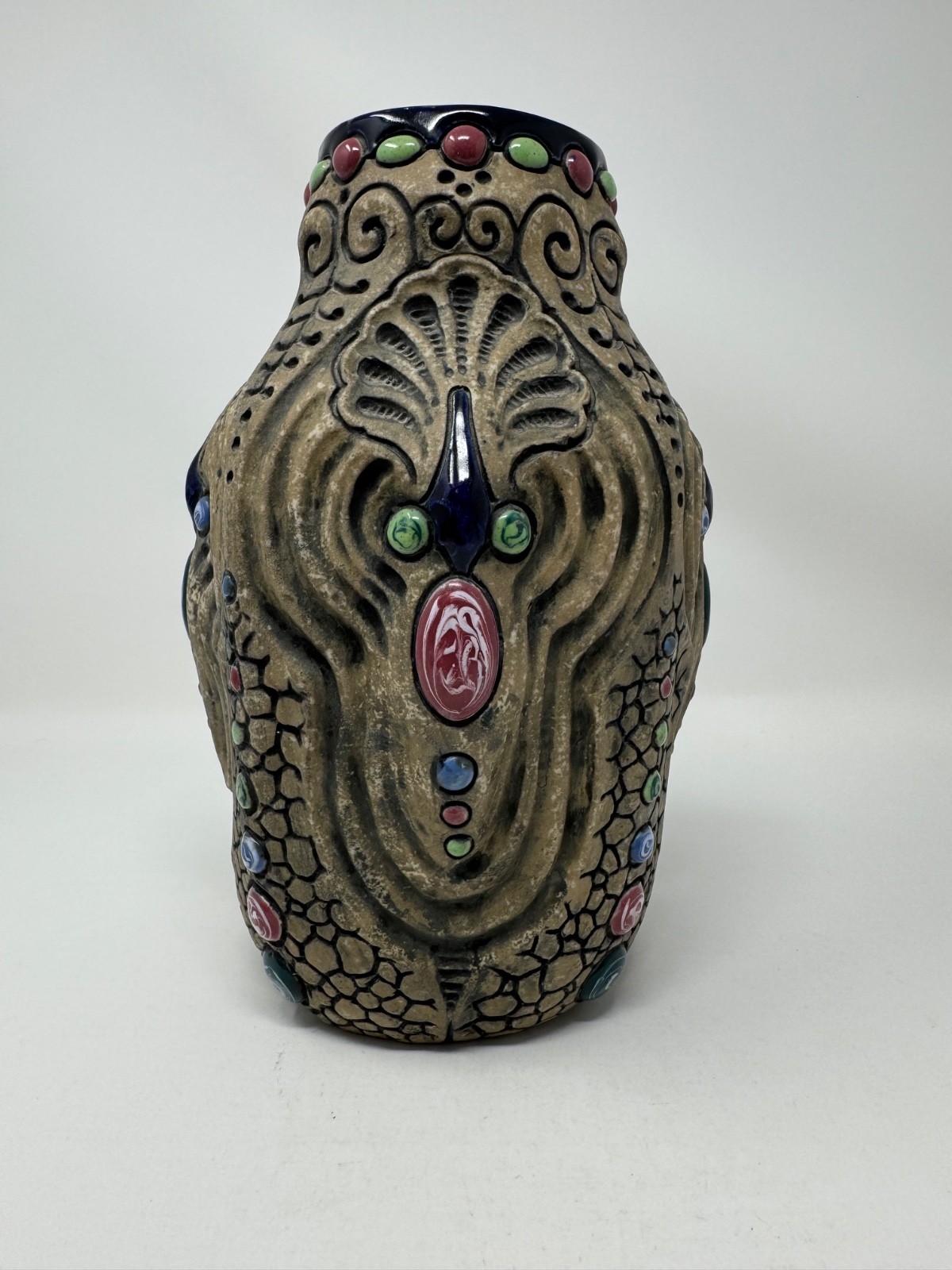 Antique Amphora Czechoslovakia Gres Bijou Jeweled Art Nouveau Face Vase 9.5″