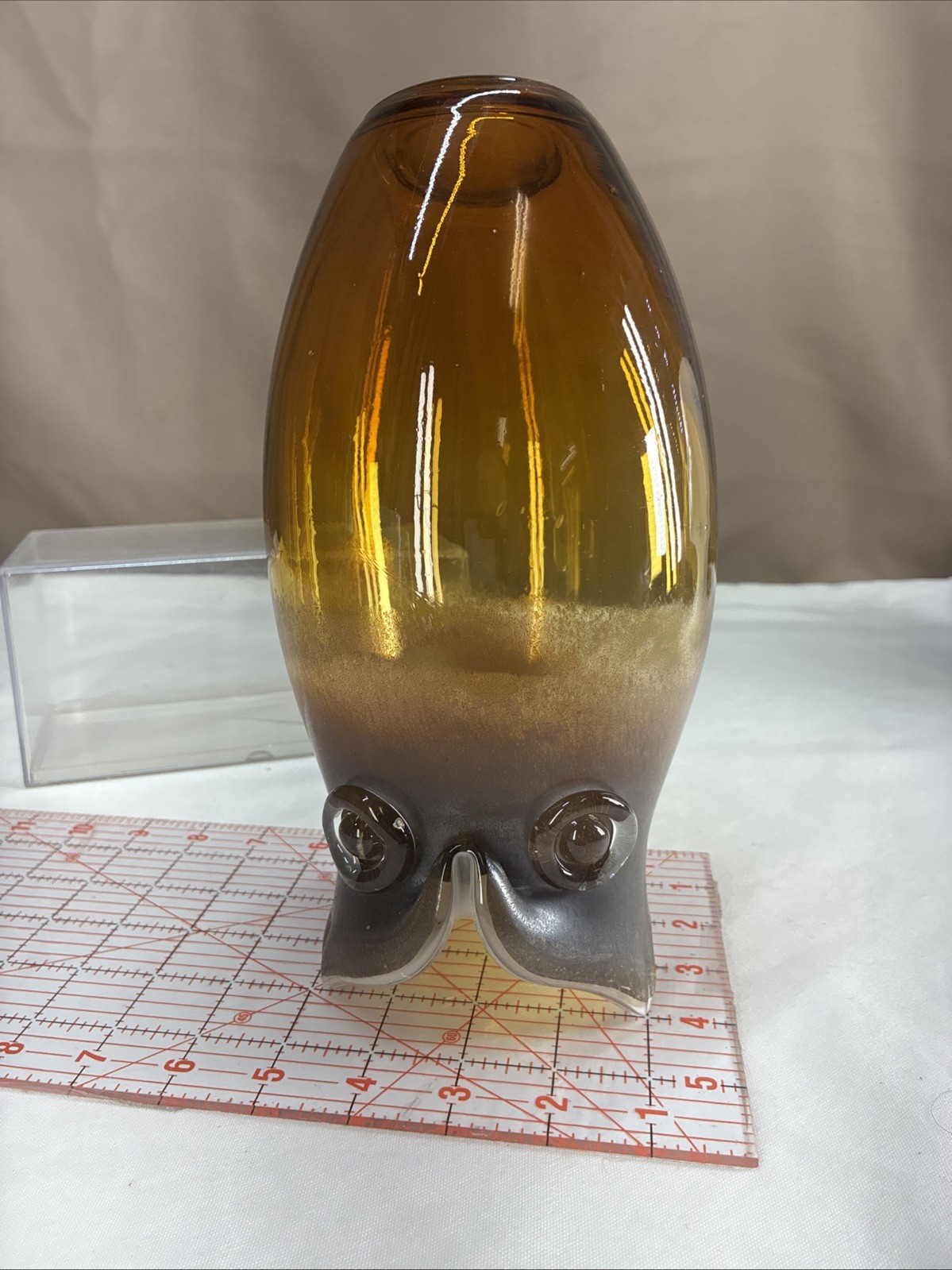Vintage Boho Style Art Glass Hand Blown Owl Vase 10.5″ Amber, White, Clear Glass