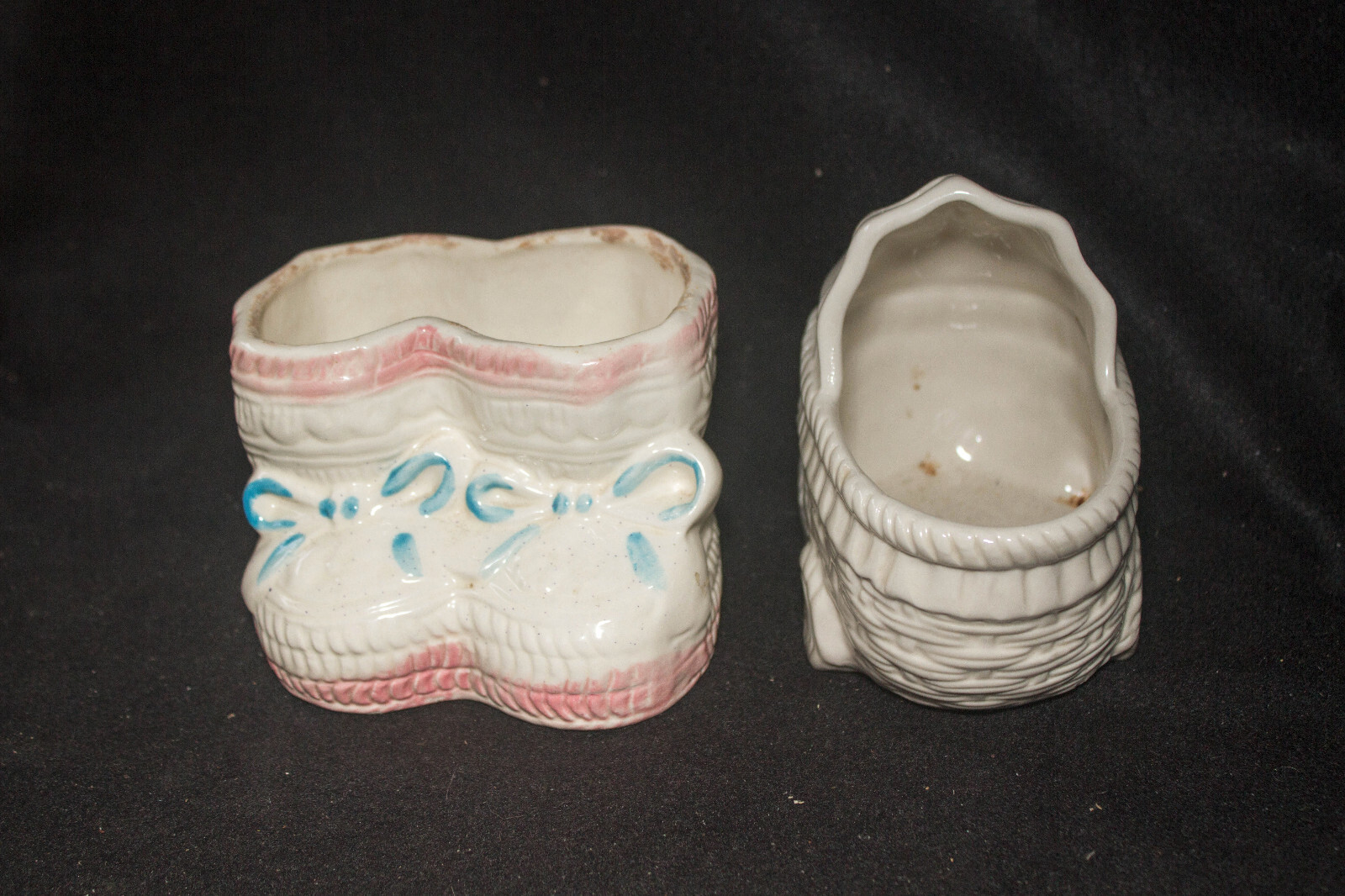 Vintage Lot of 2 Ceramic Baby Stroller & Booties Planter, unbranded