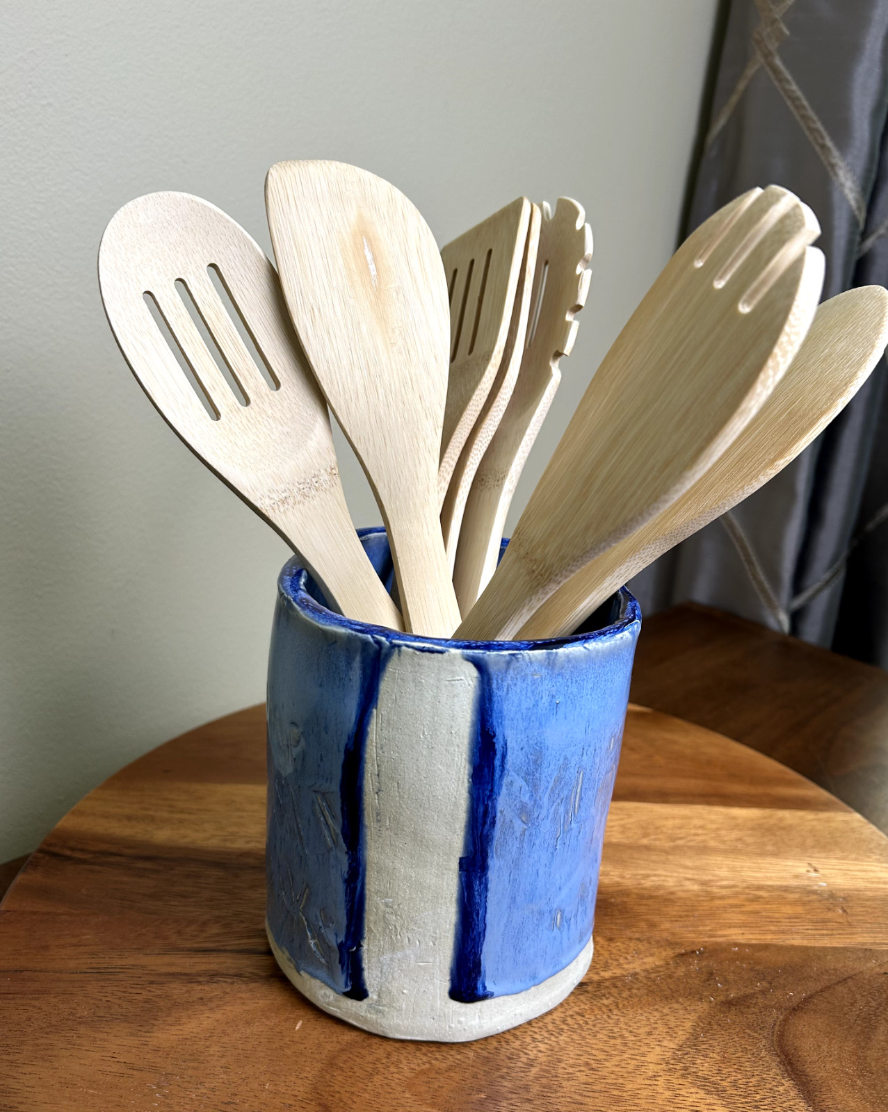 Handmade Blue Glazed Pottery (Utensil Holder, Ceramic Vase, or Planter; Signed)
