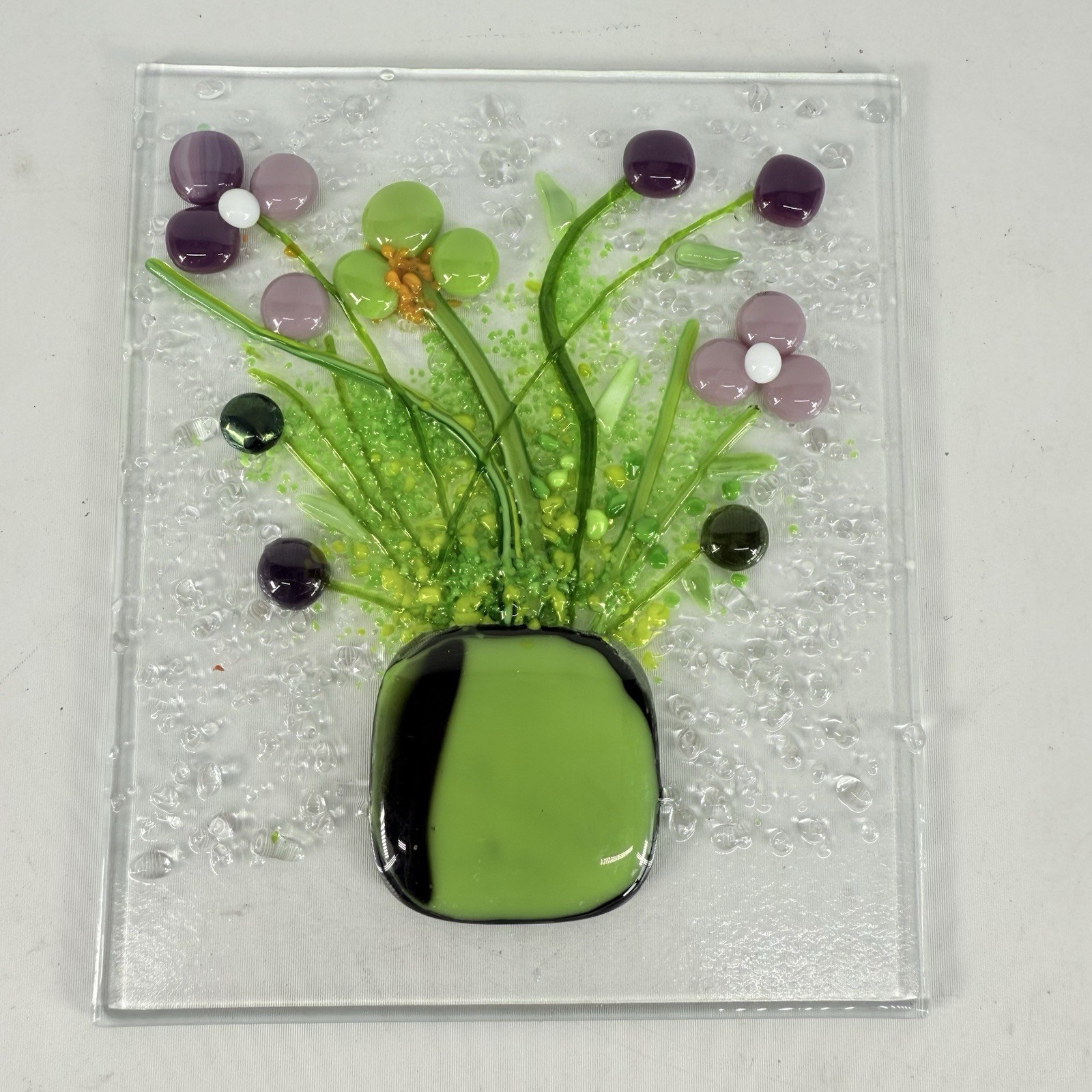 Studio Art Fused Glass Panel 3D Floral Flowers In Vase Pot 5” x 6” Green