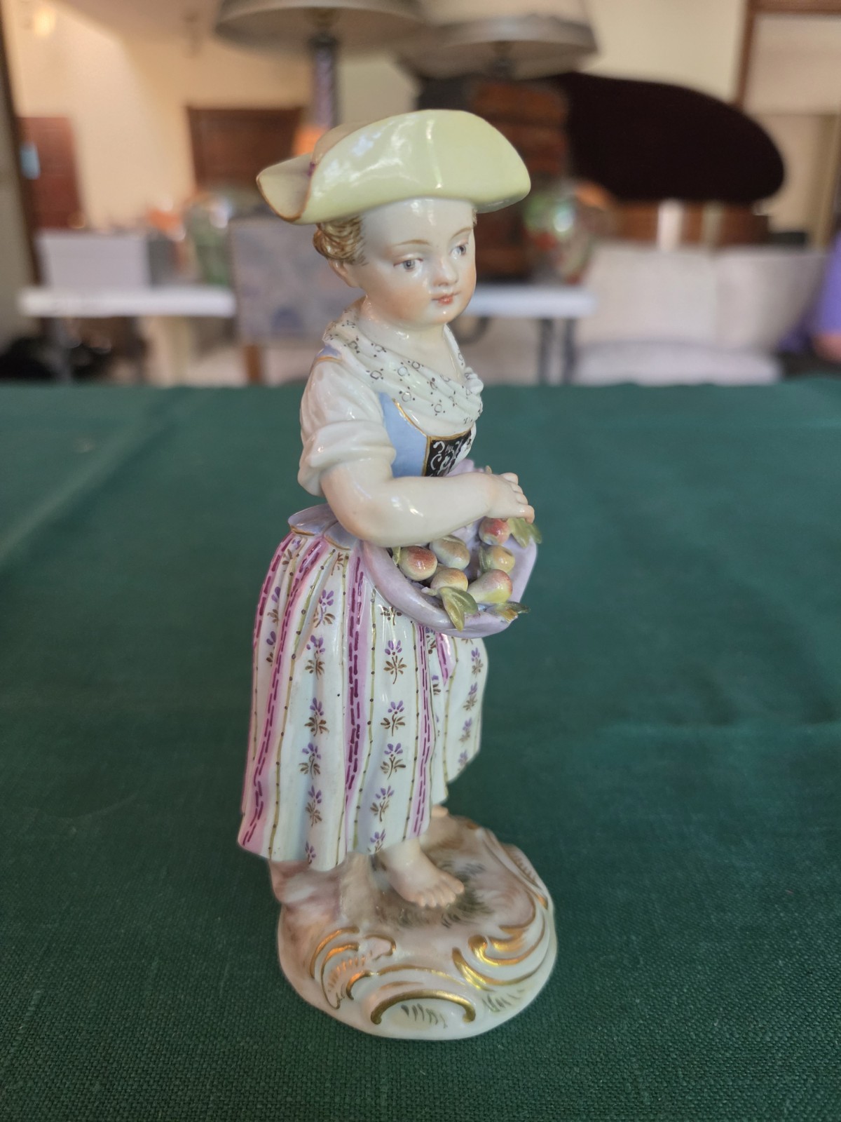 Antique Meissen Porcelain Figurine Girl Fruit Apron Knauf Crossed Swords 19thC