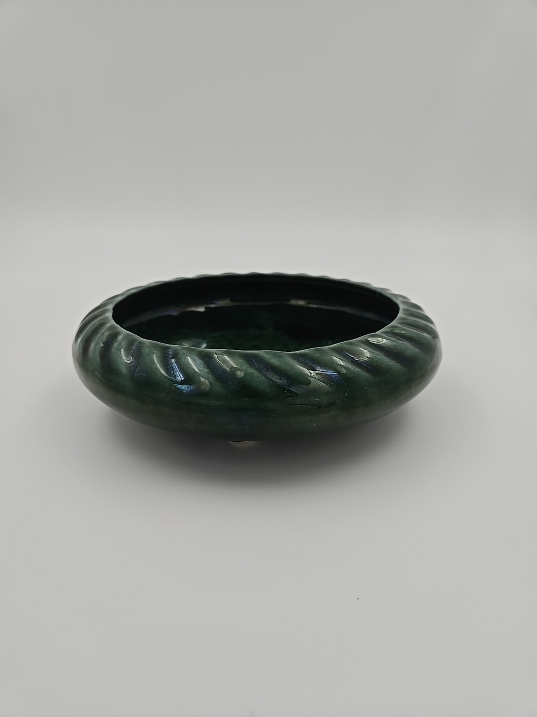 Hull USA Pottery Footed Planter Bowl Forest Green Art Deco Flower Pot 7.5″ X 2″