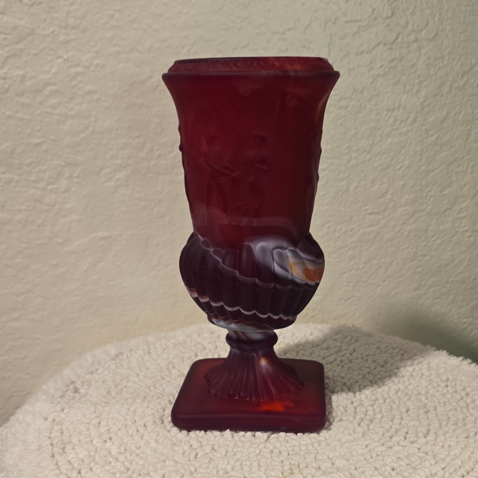 Vintage Imperial Glass Ruby Red Slag Glass Dancing Nymphs Urn Vase Grecian 8.5″