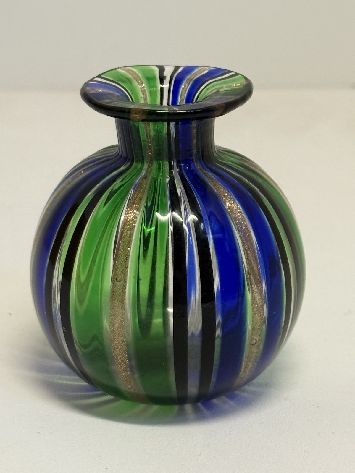Murano Small Glass Bud Vase Blue Green Gold Foil Stripes 2.25” Tall Handblown