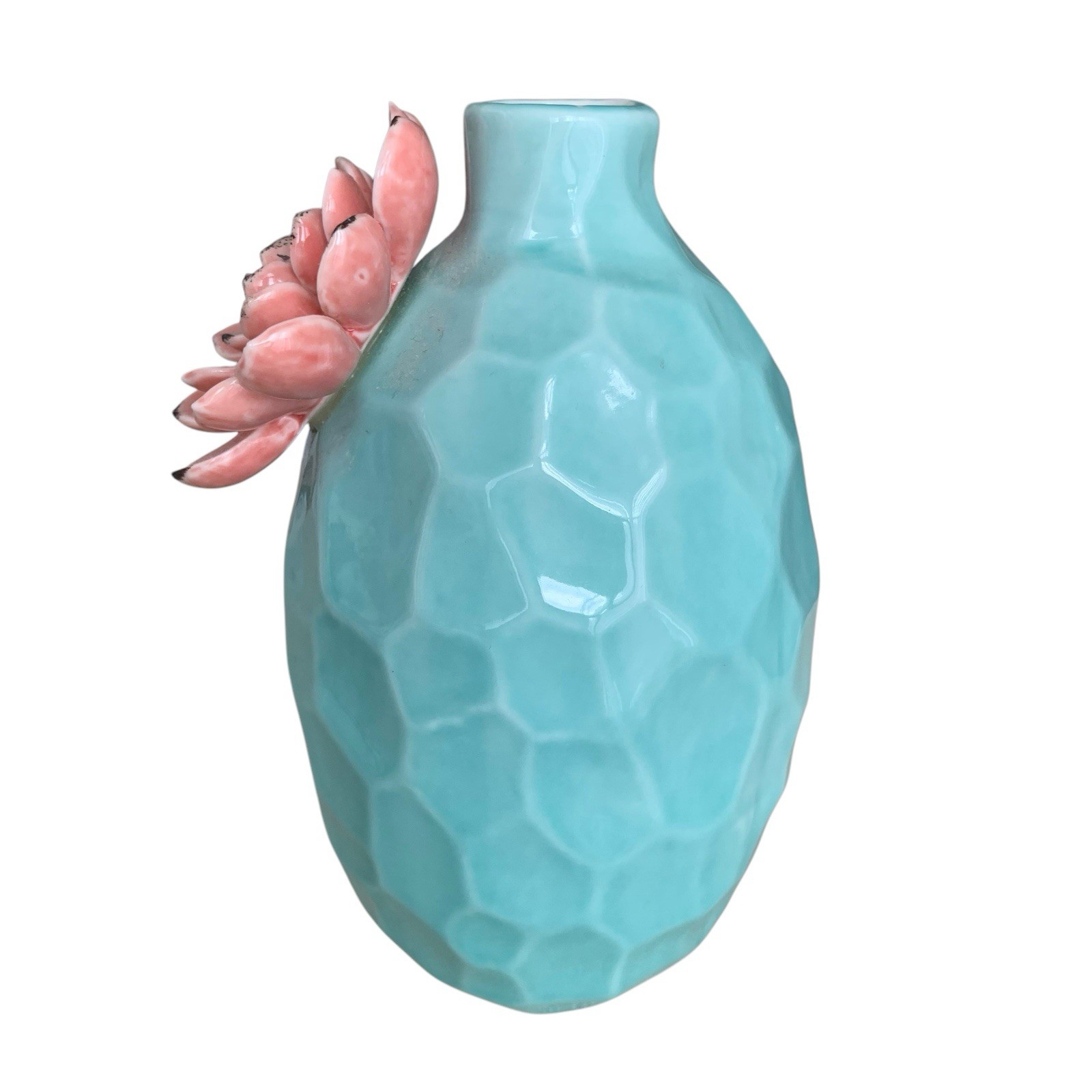 Turquoise Blue & Pink Ceramic Modern Spring Dahlia Flower Vase 6″ Height EUC