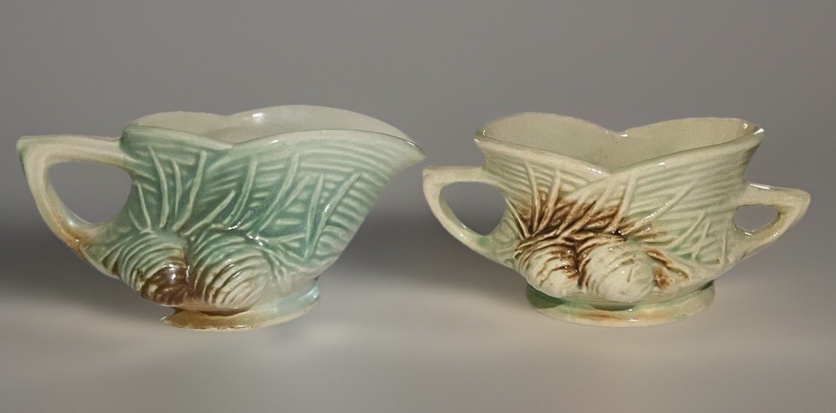 Vtg McCoy Pottery Cream & Open Sugar Bowl Green W/Brown Glaze Pine Cone Pattern