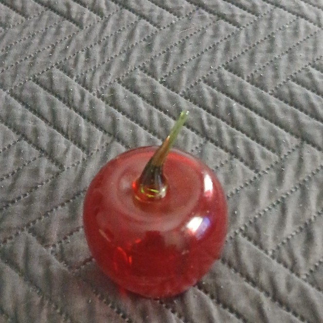 Red & Green Glossy Art Glass Cherry Paperweight Decorative Fruit Theme