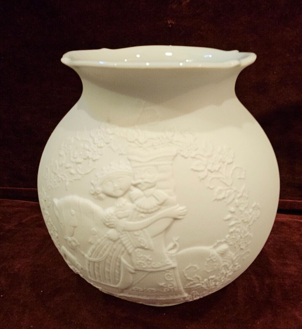 Kaiser West Germany White Bisque Vase 6″ Horse Cornucopia Woman Flowers