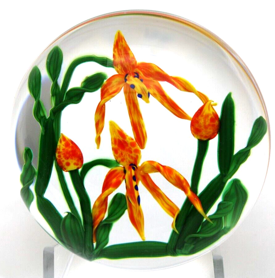 Lg VIBRANT Ken ROSENFELD Orange Cattleya ORCHID Tropical Art Glass PAPERWEIGHT