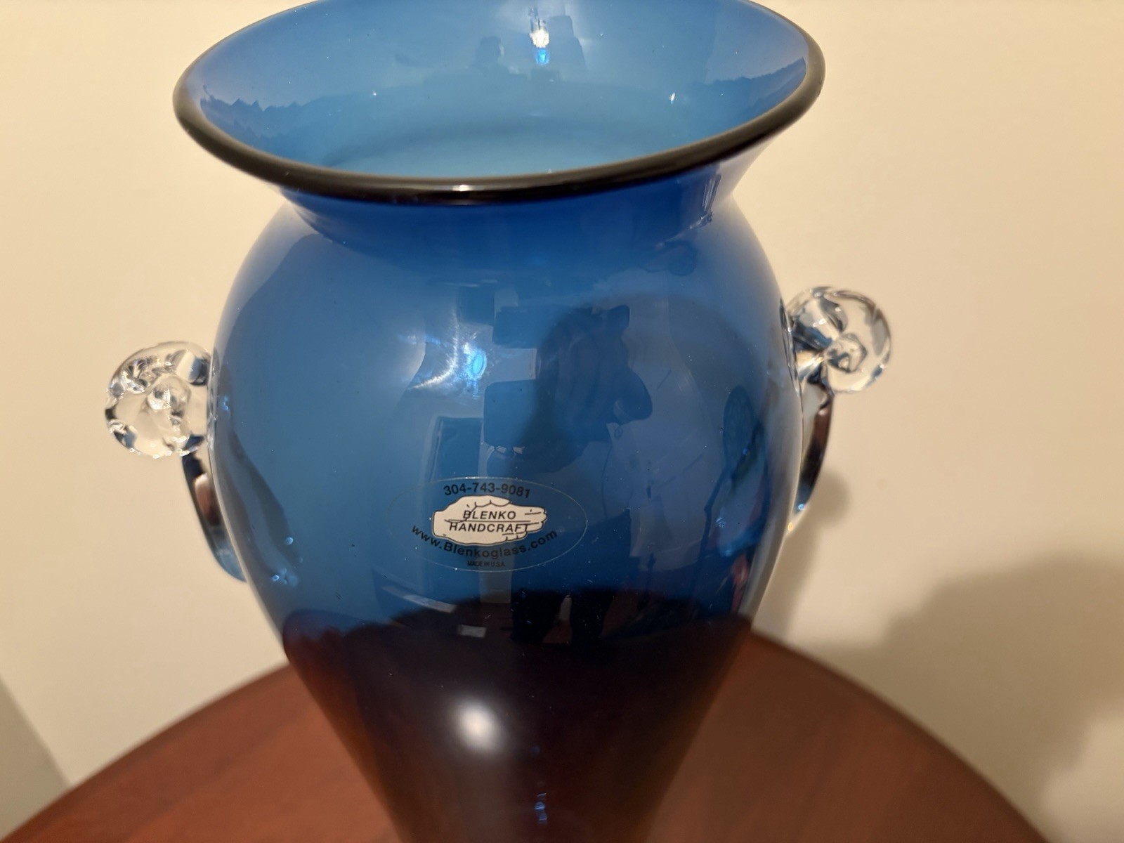 Tall Blenko Cobalt Blue Clear Handled Floor Vase