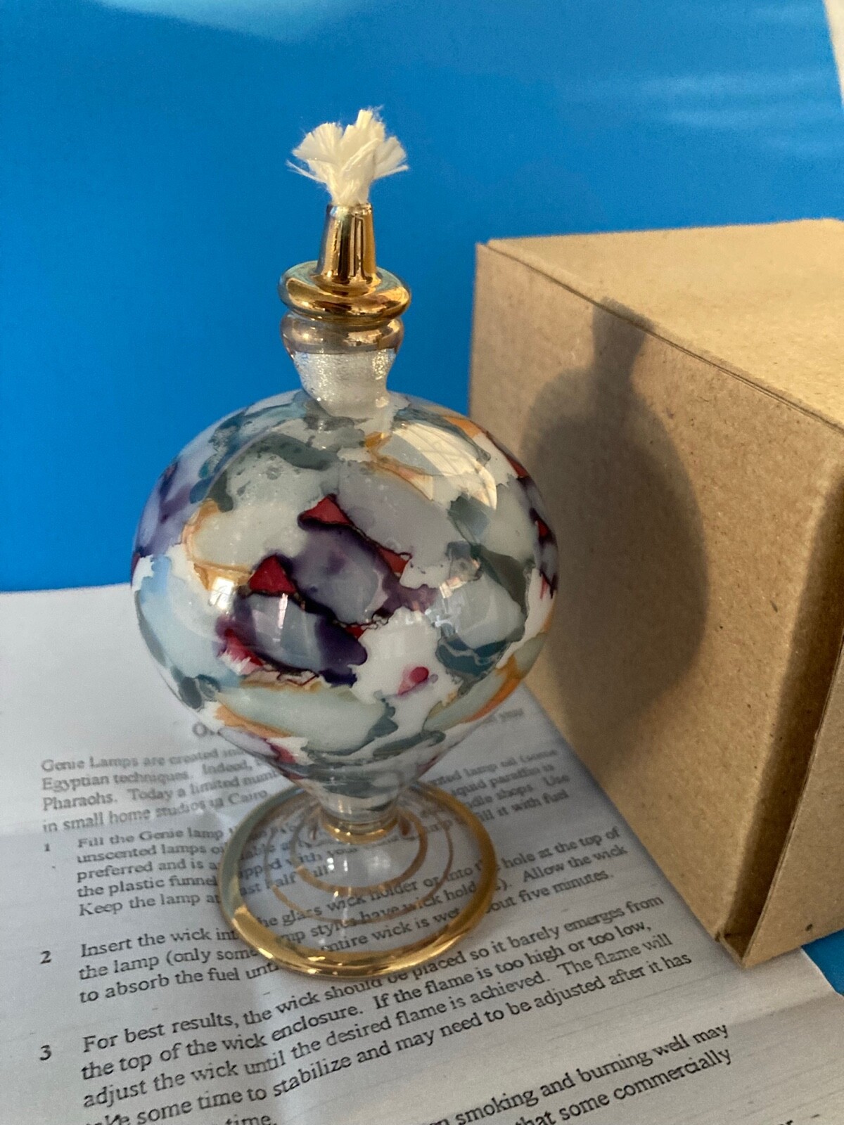 NEW MODELED HAND BLOWN GLASS OIL LAMP 24K GOLD EGYPTIAN NIB GENIE BOTTLES NOS A+